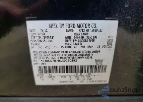 2018 Ford Explorer из США, поврежденный, VIN 1FM5K7BH6JGC90292